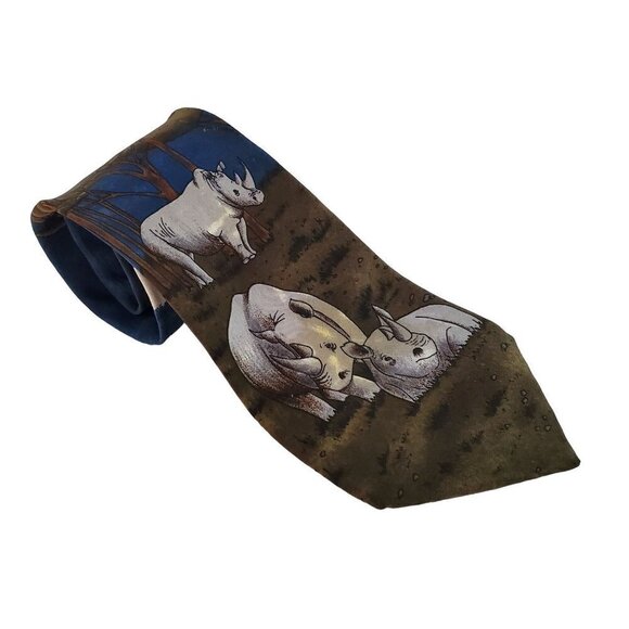 1991 Vintage WWF Silk Tie #141 Black Rhinoceros Blue Mlticolor Mens 4.5" x 60" - Picture 3 of 9